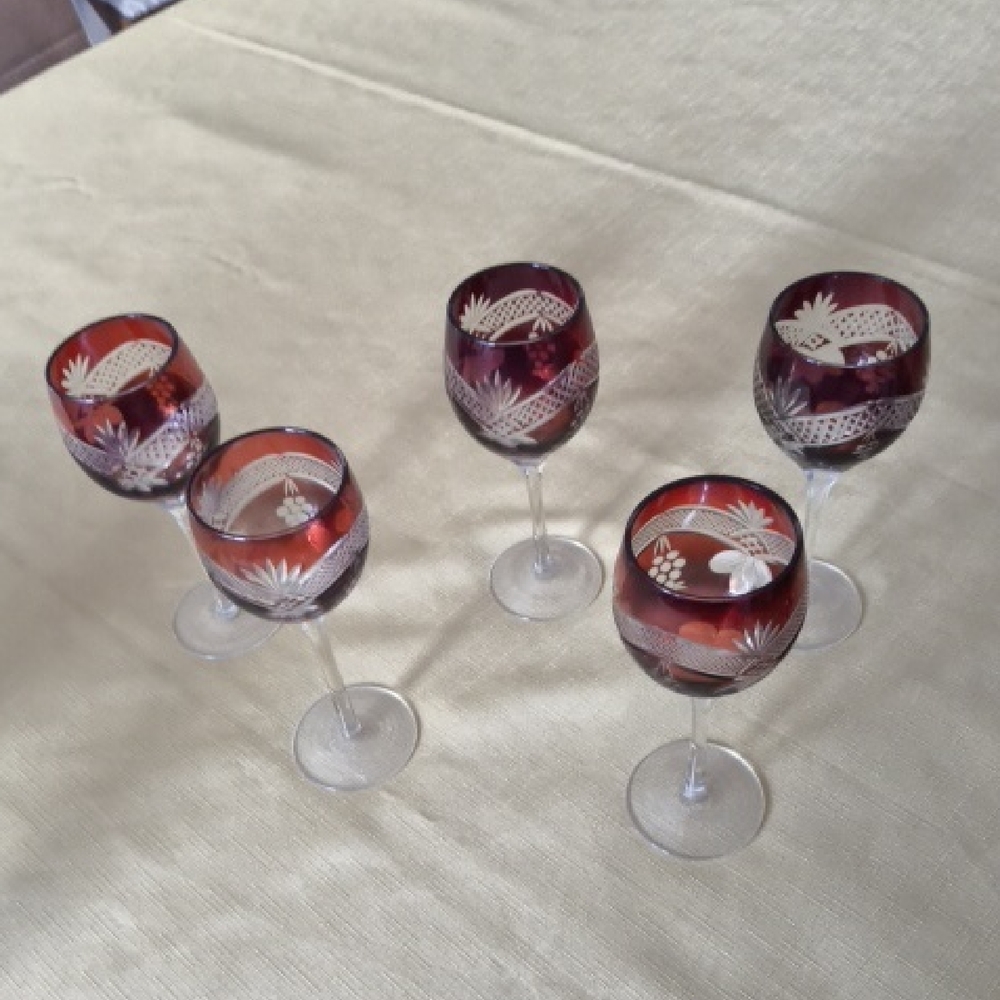 Set of 5 Red Etched Wine Glasses